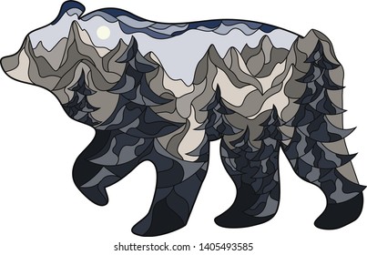 Graphic illustration in the form of a silhouette of a bear and nature inside. Night landscape of the moon lake, mountains and firs. Illustration for t-shirts, trenches or covers.