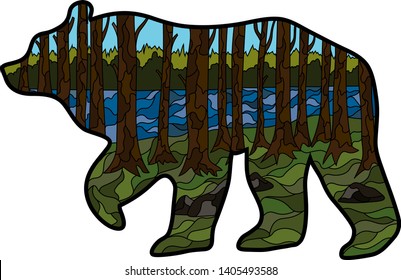 Graphic illustration in the form of a silhouette of a bear and nature inside. Night landscape of the moon lake, mountains and firs. Illustration for t-shirts, trenches or covers.