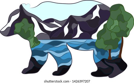Graphic illustration in the form of a silhouette of a bear and nature inside. Night landscape of the moon lake, mountains and firs. Illustration for t-shirts, trenches or covers.