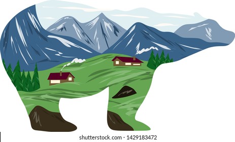 Graphic illustration in the form of a silhouette of a bear and nature inside. Mountain landscape with lake and forest. Illustration for t-shirts, trenches or covers.