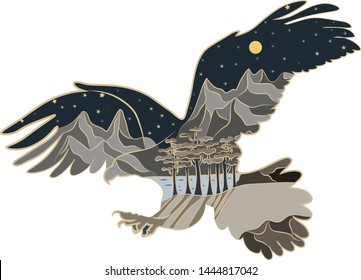 Graphic illustration in the form of a silhouette of an eagle and nature inside. Mountain landscape with lake and forest. Illustration for t-shirts, trenches or covers.