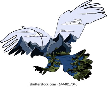Graphic illustration in the form of a silhouette of an eagle and nature inside. Mountain landscape with lake and forest. Illustration for t-shirts, trenches or covers.