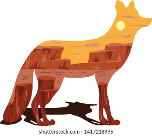 Graphic illustration in the form of a silhouette of a fox and nature inside. Desert canyon, mountains and sand. Illustration for t-shirts, trenches or covers.