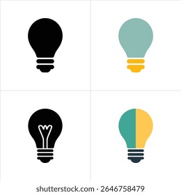 Ilustração gráfica de quatro ícones de lâmpada, dois pretos e dois em cores (azul-petróleo e amarelo), mostrando formas sólidas e uma lâmpada com design de filamento visível.