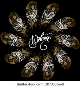 Graphic illustration with frame with plumage. Suitable for invitation, flyer, sticker, poster, banner, card, label, cover, web. Vector illustration.