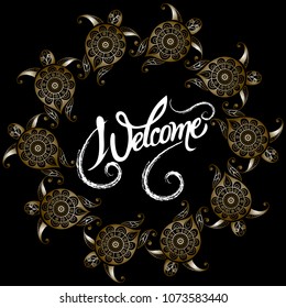 Graphic illustration with frame with turtle. Suitable for invitation, flyer, sticker, poster, banner, card, label, cover, web. Vector illustration.