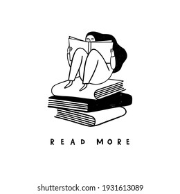 Graphic illustration of a girl reading a book. "Read more" poster. Vector illustration on white background.