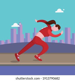 Graphic illustration of a girl running along the path against the background of the city