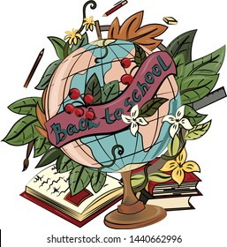 Graphic illustration. Globe with books and pens, with ribbon inscription Back to school., Leaves and flowers. Illustration for t-shirts, trenches or covers.