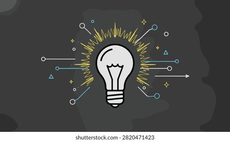 Graphic illustration of a glowing lightbulb surrounded by digital circuit lines and geometric shapes on a dark background.