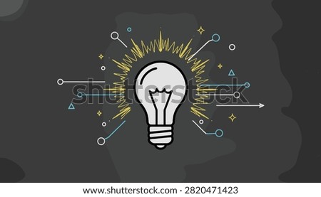 Graphic illustration of a glowing lightbulb surrounded by digital circuit lines and geometric shapes on a dark background.