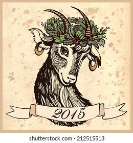 Graphic illustration with a goat. Symbolic image of a goat. Symbol 2015. Illustration for greeting cards, invitations, and other printing projects.