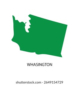 Ilustração gráfica de uma silhueta verde do mapa do estado de Washington, acompanhada de texto em negrito rotulando o nome do estado, ideal para uso educacional, informativo ou de design.