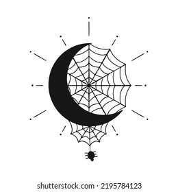 Graphic illustration, Halloween line art, cobweb and spider on the moon, Vector drawings of stars for clothes, etc.