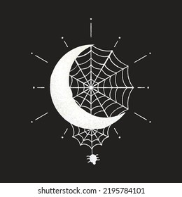 Graphic illustration, Halloween texture art, cobweb and spider on the moon, stars drawings for clothing, etc.