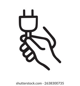 A graphic illustration of a hand holding an electrical plug created with bold black lines against a white background