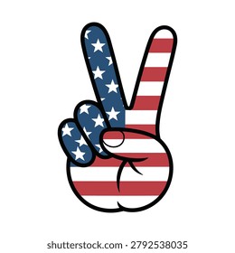 A graphic illustration of a hand making a peace sign gesture, filled with the pattern of the United States flag, featuring stars and stripes.