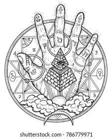 Graphic illustration with hand palm and mystic symbols. Freemasonry and secret societies emblems, occult and spiritual mystic drawings. Tattoo design, new world order