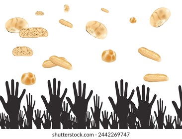 Graphic illustration of hands reaching for floating bread on a white background