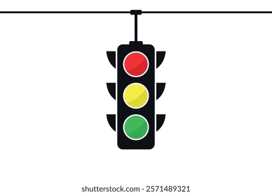 Graphic illustration of a hanging traffic light showing red, yellow, and green signals