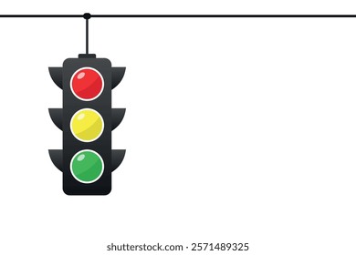 Graphic illustration of a hanging traffic light showing red, yellow, and green signals