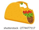 Graphic illustration of hard shell taco with missing bite showing meat lettuce cheese and tomato.