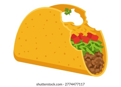 Graphic illustration of hard shell taco with missing bite showing meat lettuce cheese and tomato.