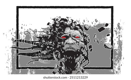 Graphic illustration of a head screaming aggressively, with a shattered and fragmented effect, conveying intense emotion and chaos.