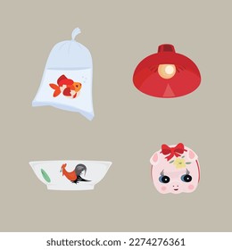 Graphic illustration of Hong Kong nostalgic items. Colourful vector set of iconic vintage items. Hong Kong old style. Hong Kong Traditional Culture.