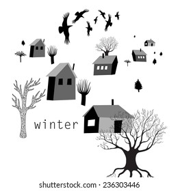 graphic illustration of house and crows in winter 