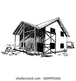 Graphic illustration of a house under construction for a postcard, invitation, poster