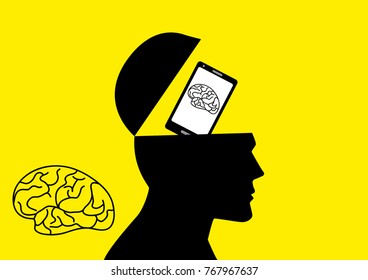 Graphic illustration of human brain being replaced by a smart phone