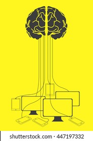 Graphic illustration of human brain wire connected to electronic devices