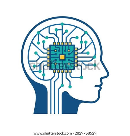 A graphic illustration of a human head silhouette with a central microchip and circuit board lines, symbolizing advanced artificial intelligence technology.