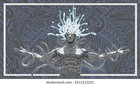 A graphic illustration of a human with outstretched arms transformed into a monstrous tentacle creature, embodying themes of horror and dark fantasy.