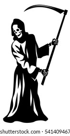 graphic illustration of the image of death. a stylized image of a skeleton figure in a cloak with a scythe