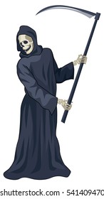 graphic illustration of the image of death. a stylized image of a skeleton figure in a cloak with a scythe