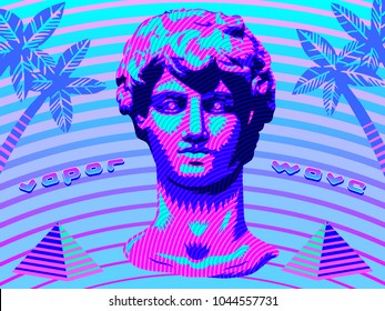 Imagen gráfica en forma de onda de vapor de un busto escultórico romano, pirámides y palmeras 