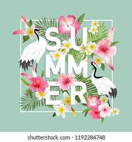 Graphic Illustration of Japaneese Cranes and Tropical Flowers for T-shirt design, Fashion prints, Banner, Flyer in vector