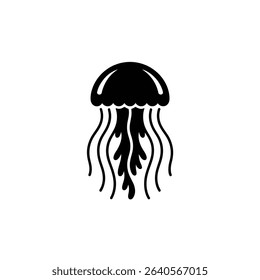 A graphic illustration of a jellyfish. The monochrome silhouette displays the jellyfish's bell-shaped body with smooth curves and flowing tentacles on a white backdrop.