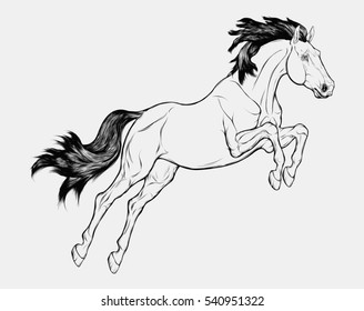 Graphic illustration of a jumping  Trakehner. Vector horse with black mane isolated on a light gray background. Tattoo or emblem for equestrian schools, shops.