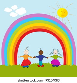 Graphic illustration of kids on rainbow background
