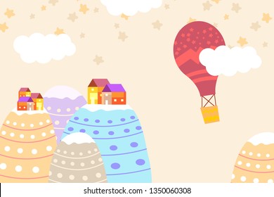 Graphic illustration for kids room wallpaper with house sky full of stars, hill, and air balloon. Can use for print on the wall, pillows, decoration kids interior, baby wear, shirts, and greeting card