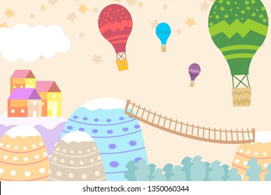Graphic illustration for kids room wallpaper with house sky full of stars,stairs,hill,and air balloon. Can use for print on the wall, pillows, decoration kids interior, baby wear, t shirt, and card