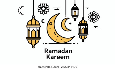 Ilustração gráfica de lanternas e lua crescente para Ramadã Kareem