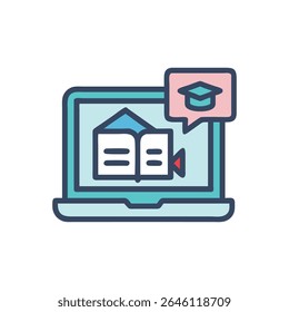 Graphic illustration of a laptop displaying an online course book with a graduation cap speech bubble. Flat style.