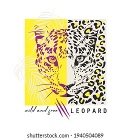 Graphic illustration of a leopard's head in yellow and purple colors. Wild and free. Print for T-shirt