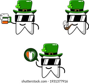 Graphic illustration of leprechaun tooth cartoon character design with beer, smoking pipe and love chat bubble