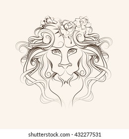 Graphic illustration of Lion head with roses crown, contour drawing, hand drawn brown sketch on ivory background.