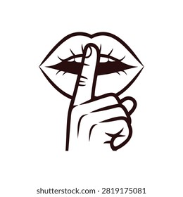 Graphic illustration of lips and finger indicating a request for silence or secrecy
